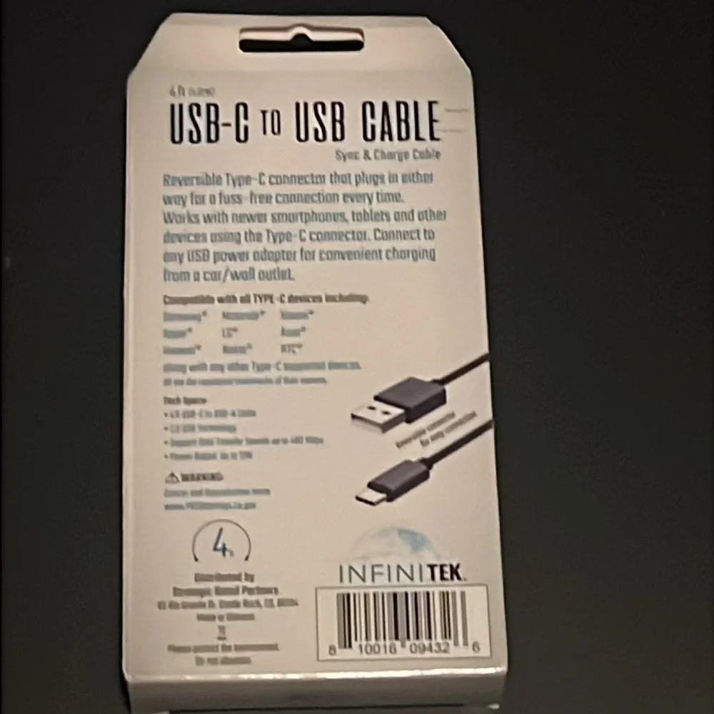 Infinitek Cable, Data Sync & Power Charge, USB-C to USB A, 4 Feet